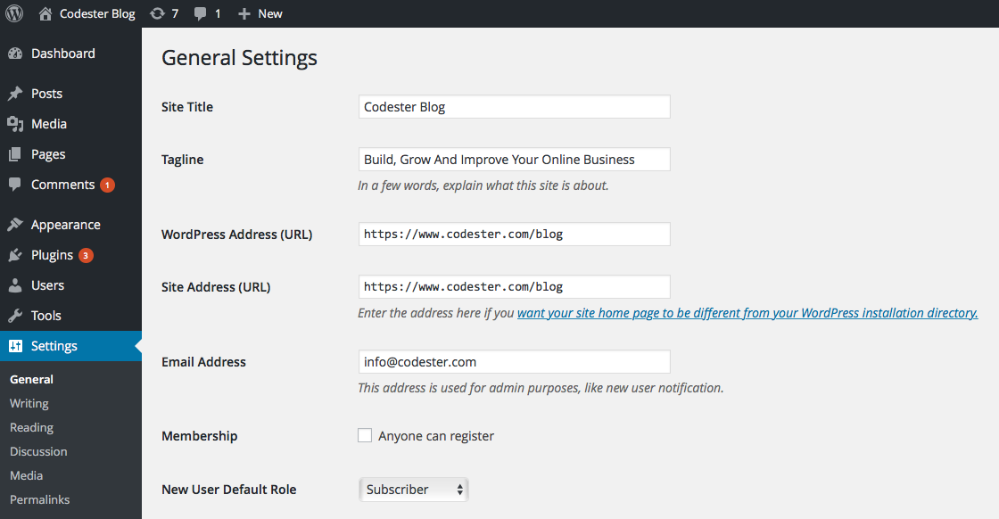 WordPress general settings