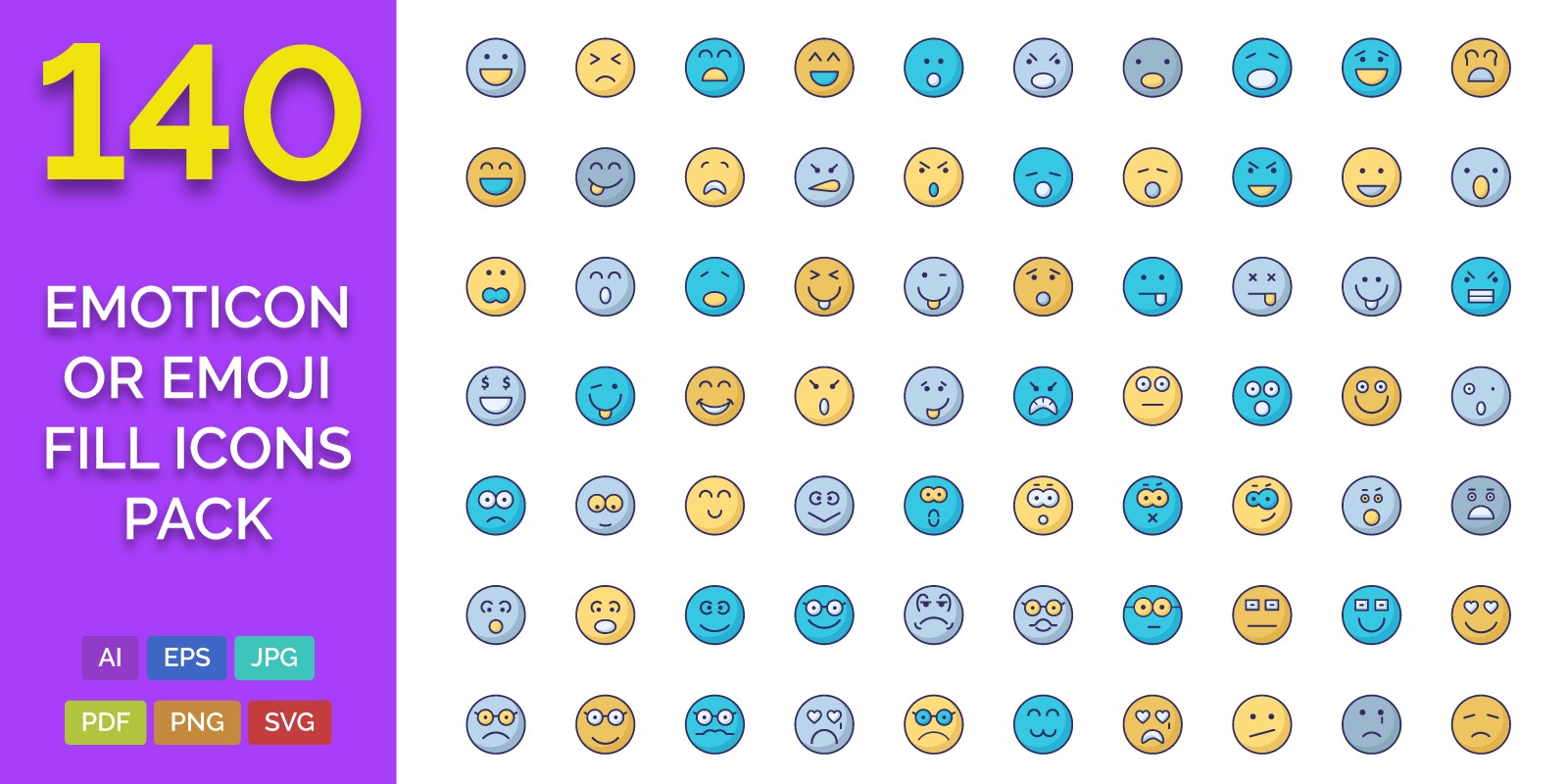 140 Emoticon or Emoji Fill Icons Pack