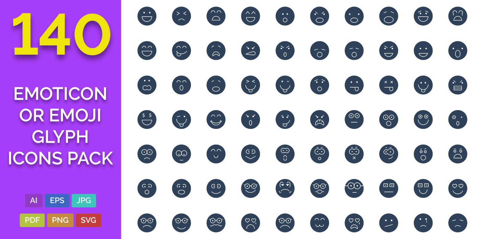 140 Emoticon or Emoji Glyph Icons Pack