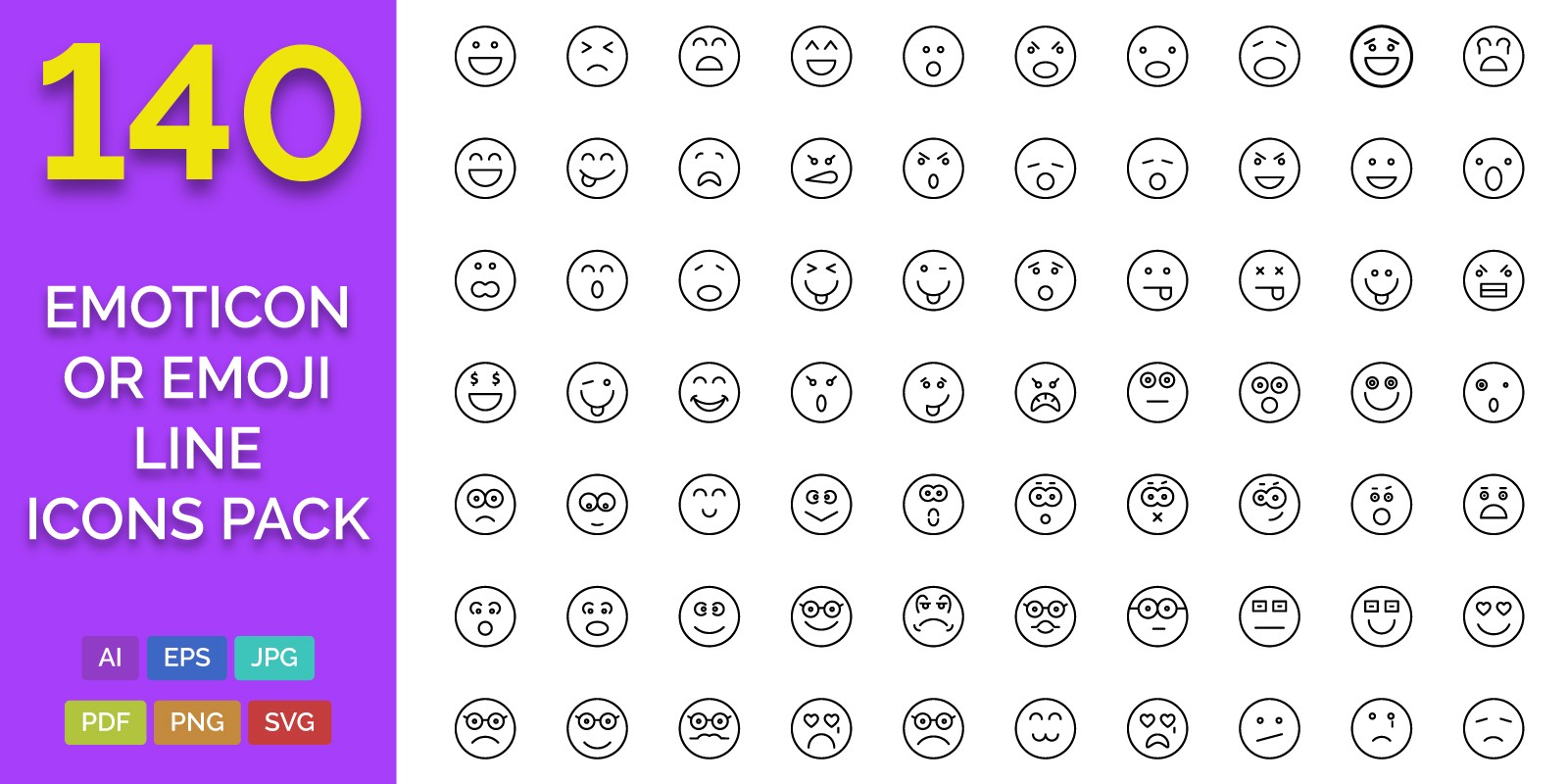 140 Emoticon or Emoji Line Icons Pack