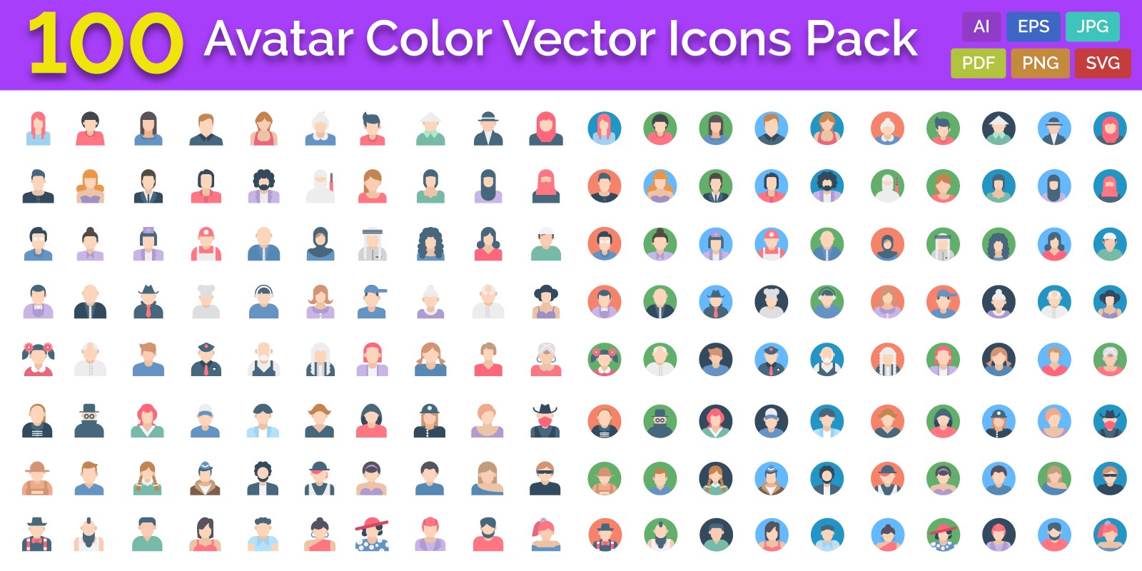 100 Avatar Color Vector Icons Pack
