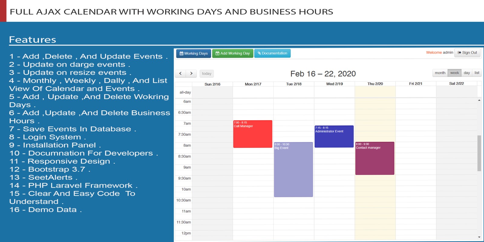 FULL AJAX CALENDAR WITH WORKING DAYS AND BUSINESS