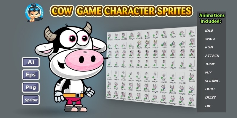 Cow 2D Game Character Sprites