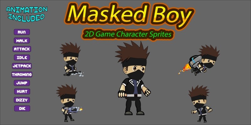 Masked Boy 2D Game Character Sprite