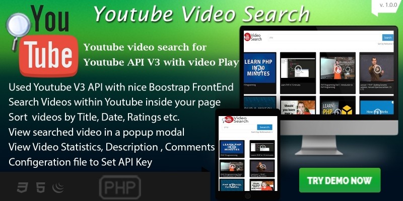 Youtube Video Search - Youtube API V3 PHP Script