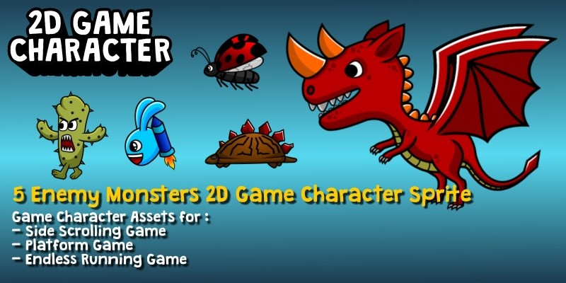 5 Enemy Monsters 2D Game Character Sprite