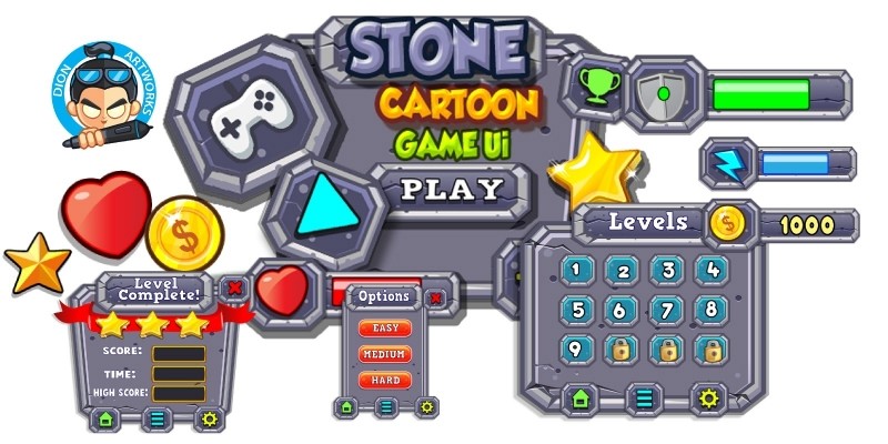 Stone Cartoon Game Ui Set  13