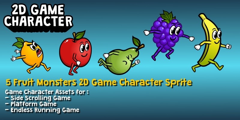 5 Fruit Monsters 2D Game Character Sprite