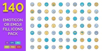 140 Emoticon or Emoji Fill Icons Pack 