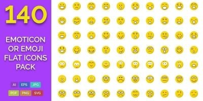 140 Emoticon or Emoji Flat Icons Pack 