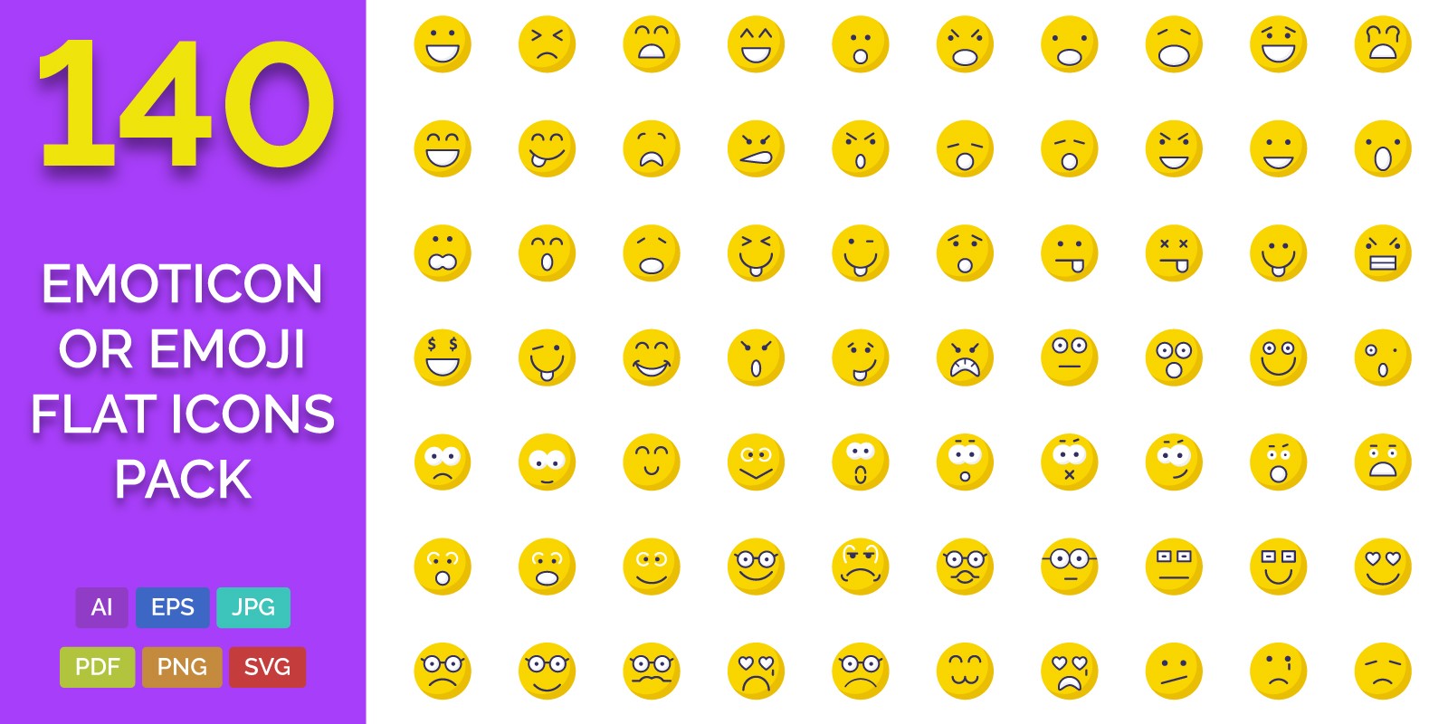 140 Emoticon or Emoji Flat Icons Pack