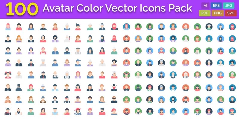 100 Avatar Color Vector Icons Pack 