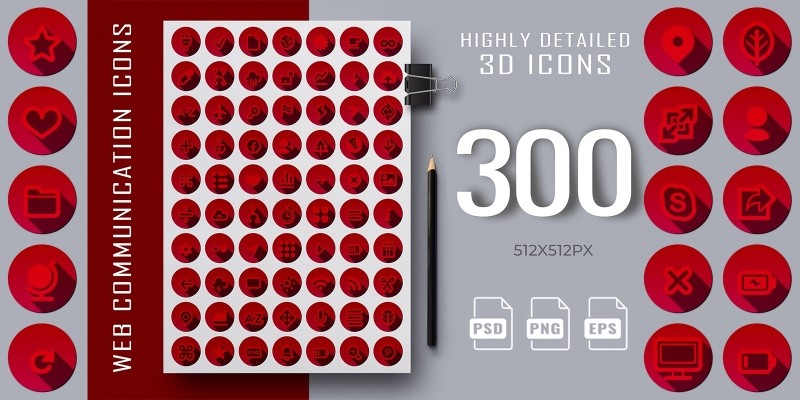 300 3D Red Web Communication Icons Set 