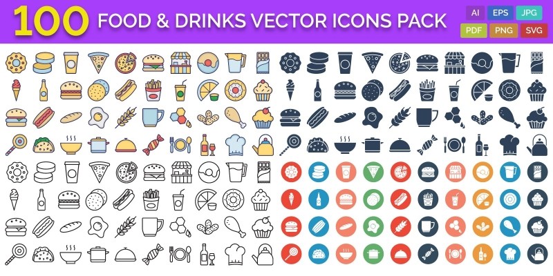 100 Food and Drinks Vector Icons Pack