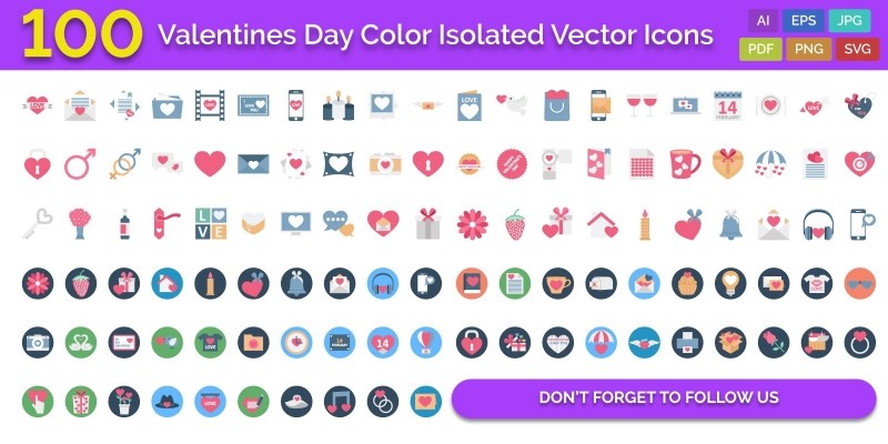 100 Valentines Day Color Isolated Vector Icons