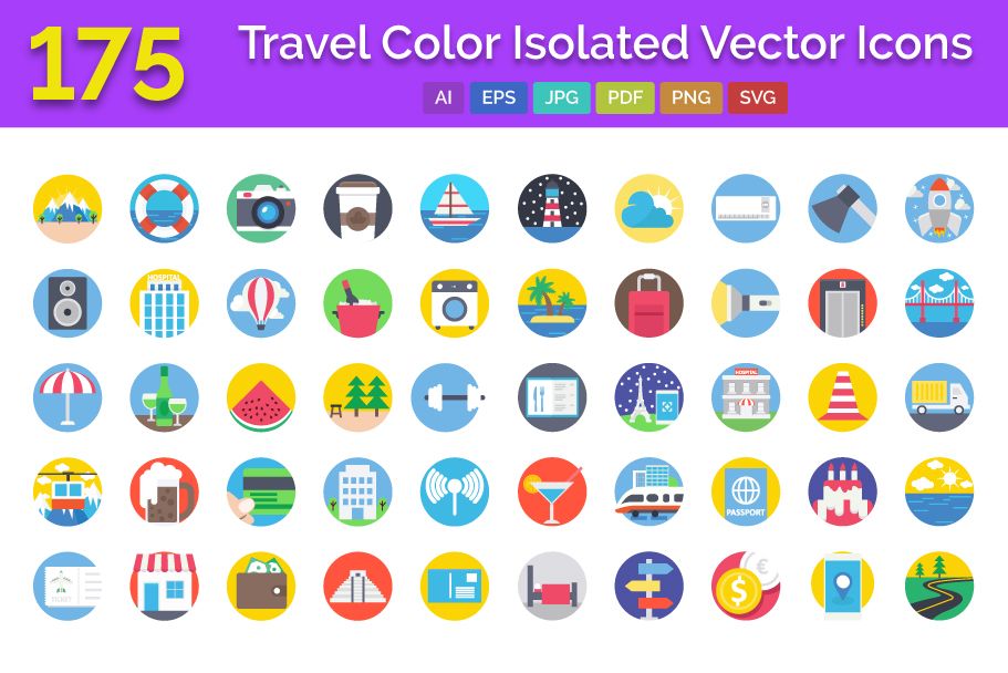 175 Travel Color Isolated Vector Icons by PromotionKing | Codester