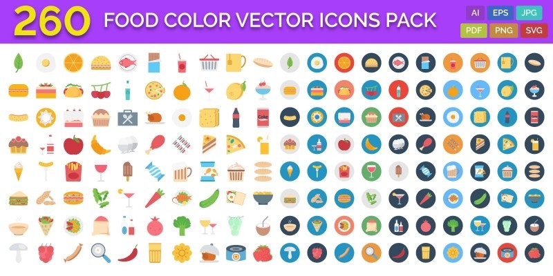 260 Food Color Vector Icons Pack