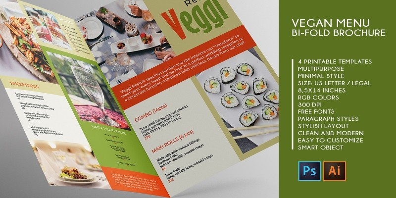 Vegan Menu Bifold Brochure A3 - 2 Templates