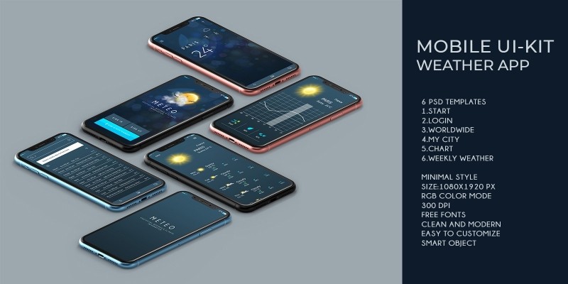 Mobile UI Kit Weather App - 6 PSD Templates 