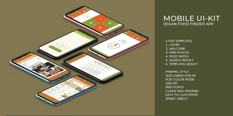 Mobile Vegan Food Finder App - 6  PSD Templates 