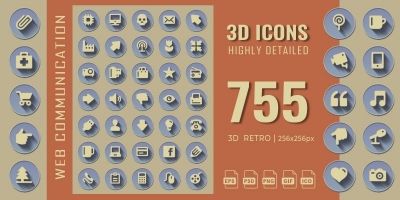 755 Retro 3D Web Communication Icons Set