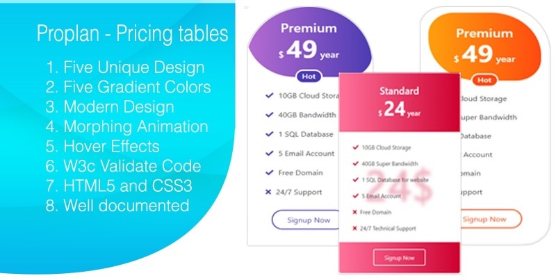 Proplan - Unique Modern pricing tables