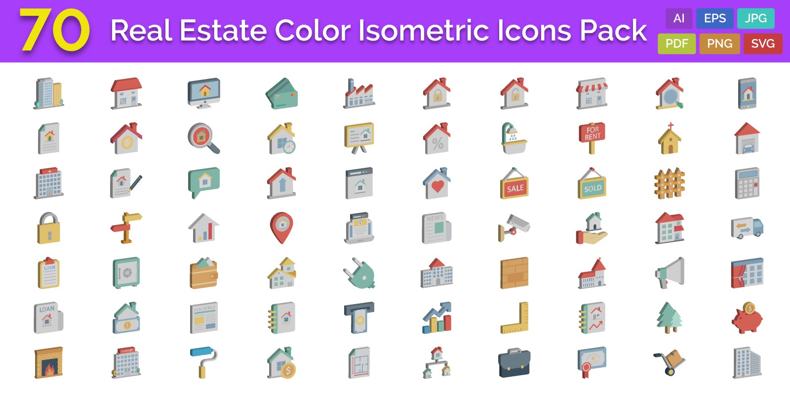 70 Real Estate Color isometric Vector icons Pack