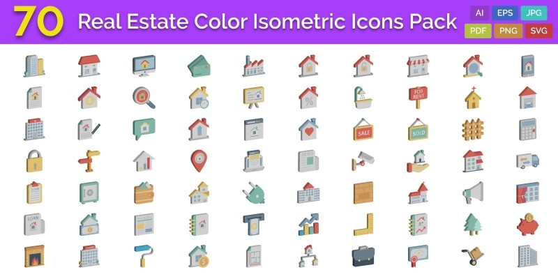 70 Real Estate Color isometric Vector icons Pack 