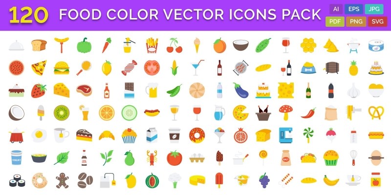 120 Food Color Vector Icons Pack