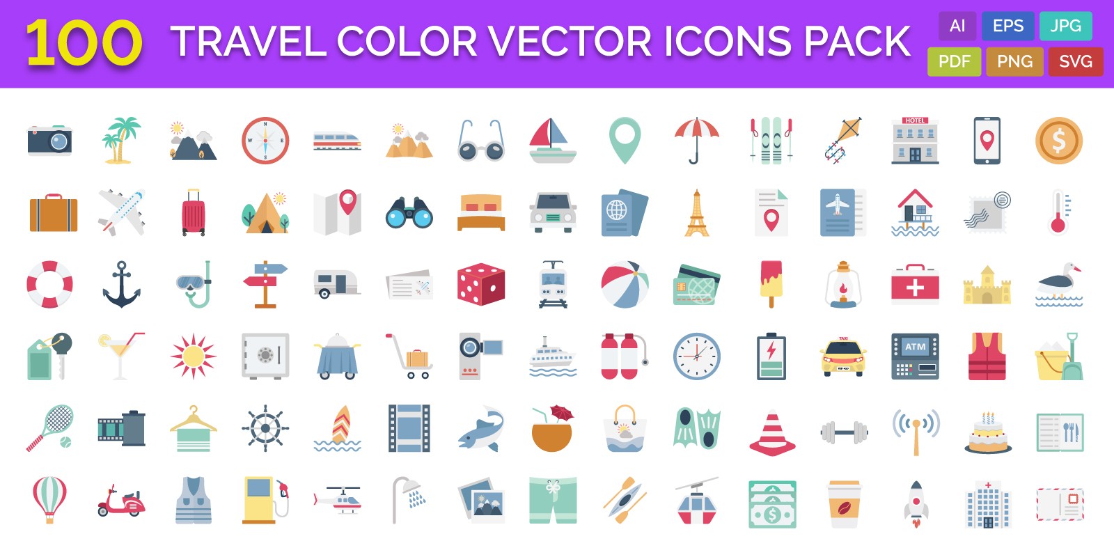 100 Travel Color Vector Icons Pack by PromotionKing | Codester