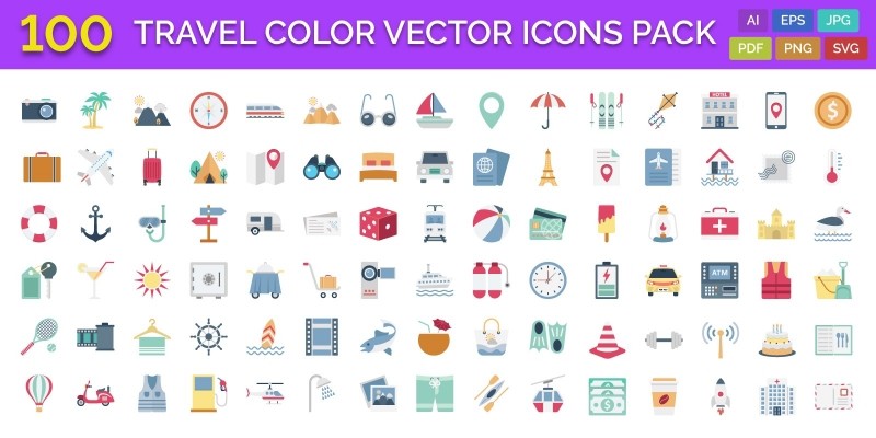 100 Travel Color Vector Icons Pack