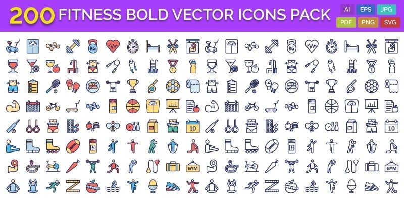 200 Fitness Bold vector Icons Pack