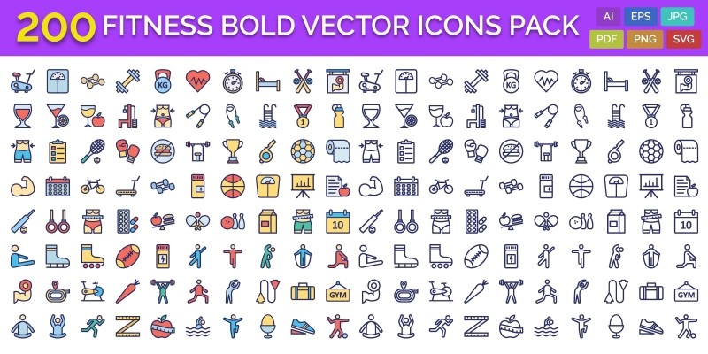 200 Fitness Bold vector Icons Pack