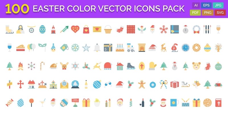 100 Easter Color Vector Icons Pack