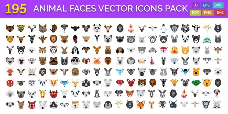 195 Animal Faces Vector Illustration Icons Pack