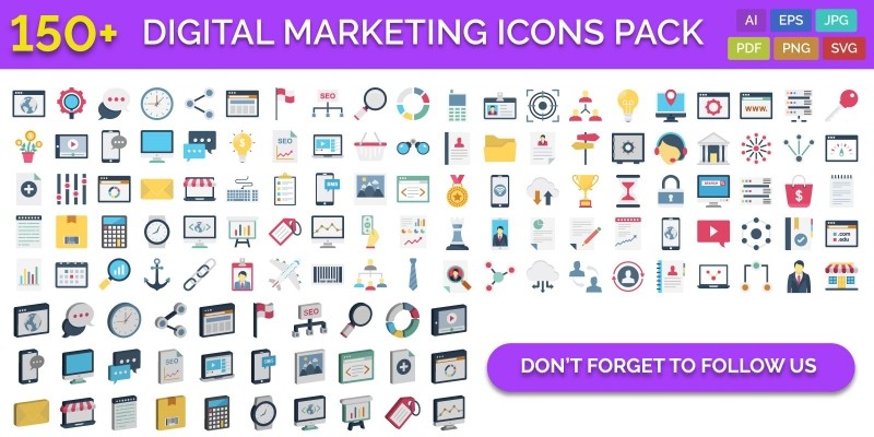 150 Digital Marketing Vector Icons Pack
