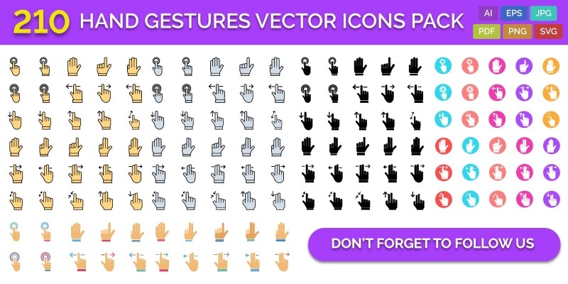 210 Hand Gesture Vector Icons Pack