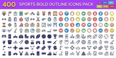 400 Sports Bold Outline Vector Icons Pack