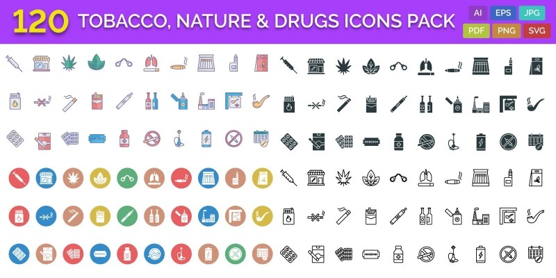 120 Tobacco Nature And Drugs Vector Icons Pack