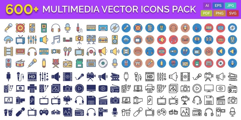 600 Multimedia Vector Icons Pack