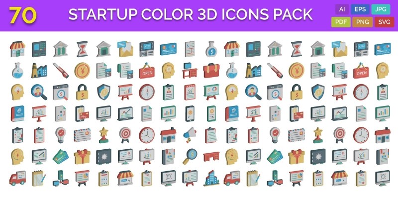 70 Startup Color 3D Vector Icons Pack