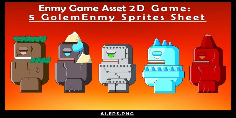 Enmy Game Asset 2D Game: 5 Golem Enmy Sprites