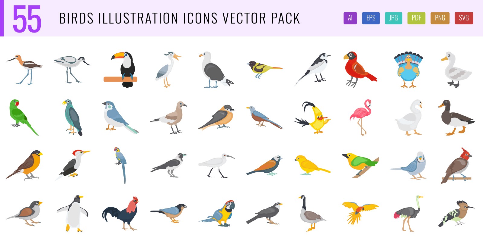 55 Birds Illustration Color Icons Pack