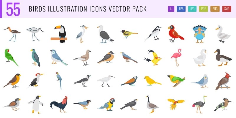 55 Birds Illustration Color Icons Pack