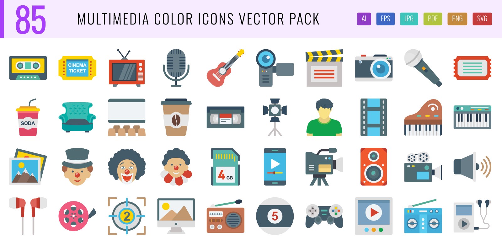 85 Multimedia Color Vector Icons Pack by UNQSau | Codester