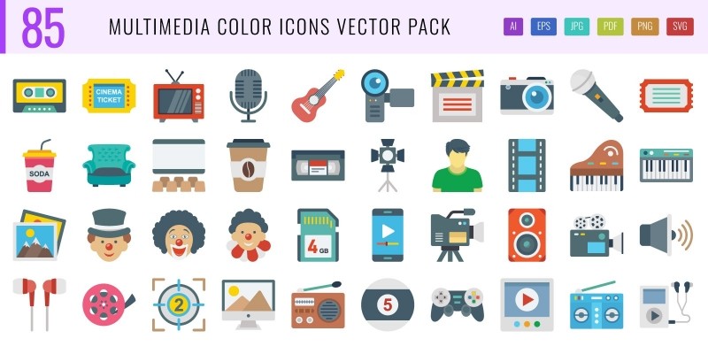 85 Multimedia Color Vector Icons Pack