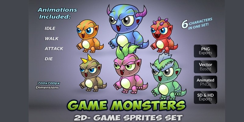 6 Monsters Game Sprites Set