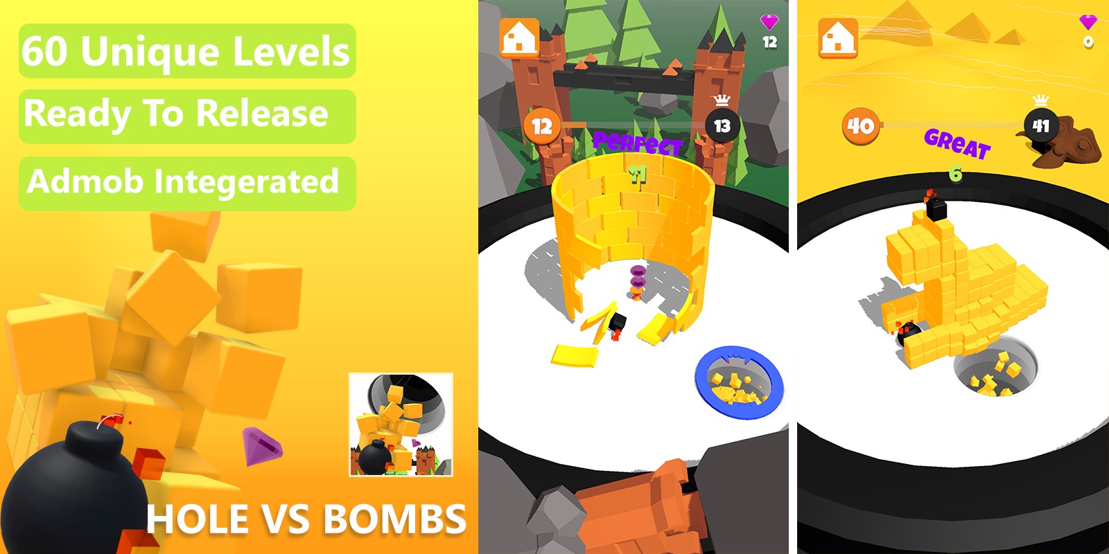 Hole vs Bombs Game - Unity Complete Project With Admob Ads for Android and iOS