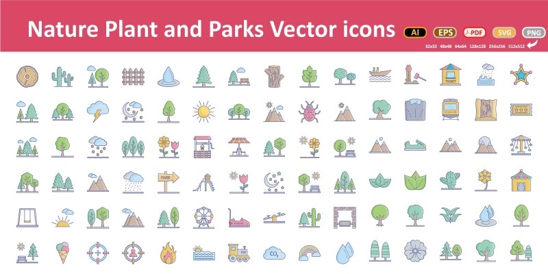 4 Style Of Nature Plant And Park Icons