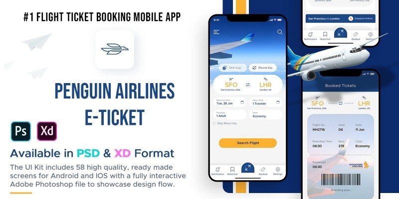 Penguin Airlines E-Ticket - Adobe Photoshop App UI